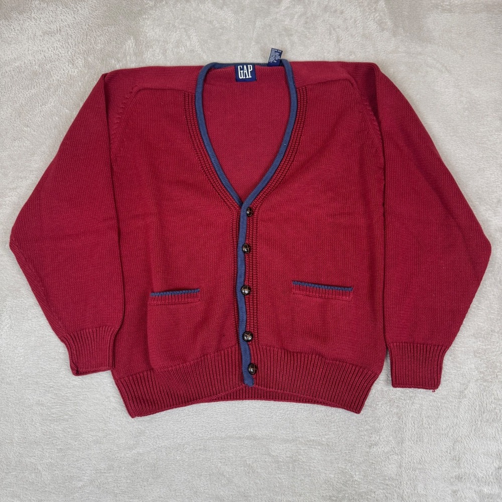 Vintage 90s GAP Cardigan Sweater Mens L Red Preowned Knit Cotton Preppy Retro